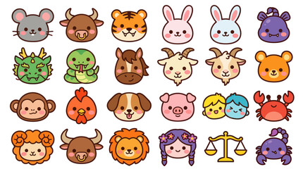Fototapeta premium Cute animal zodiac icons collection