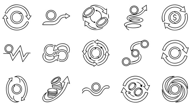 Set of simple black line icons representing process circulation cycle and money flow movement