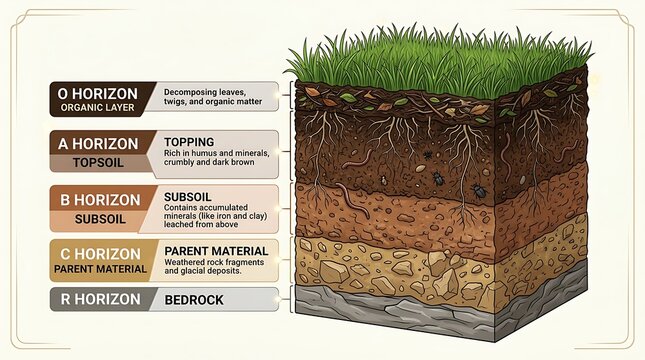 Educational diagram showing soil profile layers with grass topsoil subsoil parent material and solid bedrock section