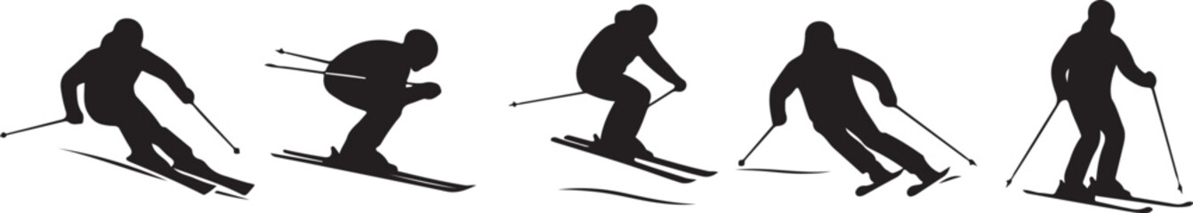 Fototapeta premium Set of silhouettes showing people alpine skiing in various poses on mountain slopes with winter sports