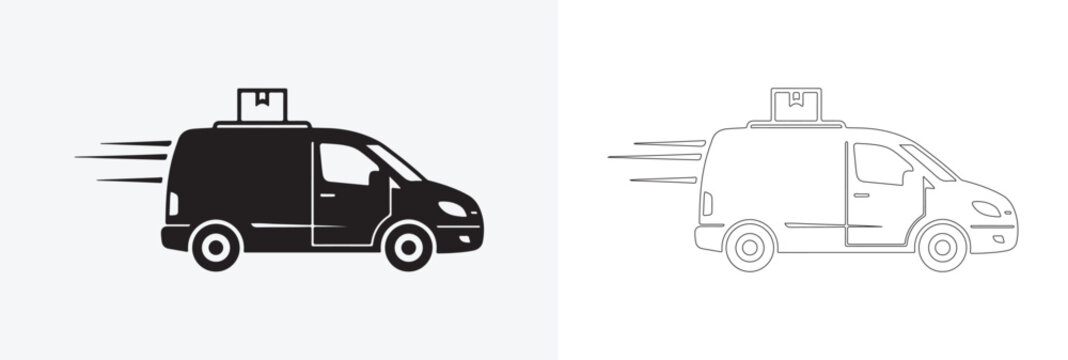 Delivery van icon set with parcel tracking and logistics symbols shipping truck courier service package tracking