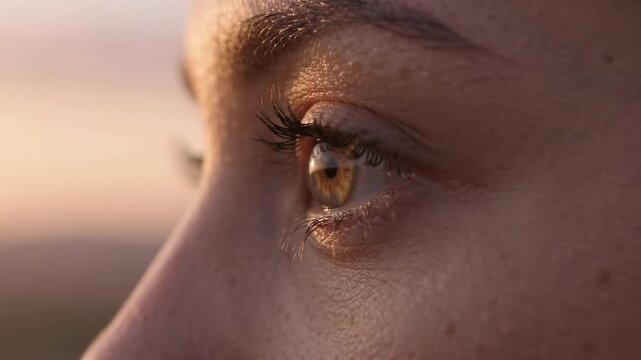 Slow motion close up tracking shot of woman's eye gazing toward distant horizon at sunset in outdoor field landscape
