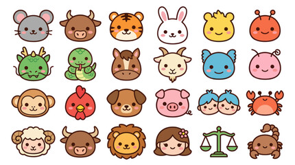 Fototapeta premium Cute animal zodiac icons collection