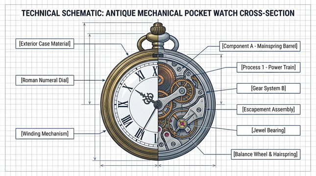Technical Schematic Antique Mechanical Pocket Watch Cross-Section Diagram, Vintage Clock Engineering Blueprint isolated on White Background