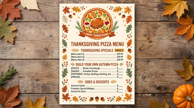 Illustrated Thanksgiving Pizza Menu Template With Autumn Leaves Turkey and Pumpkin Decorations on Wooden Background