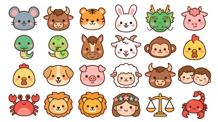 Fototapeta premium Cute animal zodiac icons set