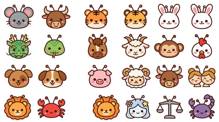 Fototapeta premium Cute animal zodiac icons set