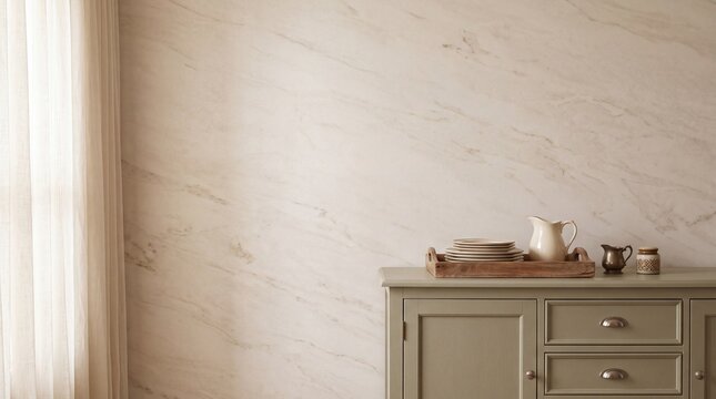 Minimalist interior scene featuring a muted sage green sideboard cabinet against a light beige marble wall with sheer curtains in natural morning light.