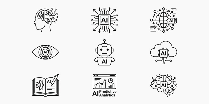 Artificial intelligence concepts depicted as black line silhouettes machinelearning learning