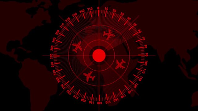 Red radar screen with airplane icons and flight paths