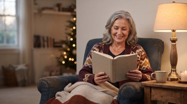 Elderly woman happily reading a book in a cozy armchair by a warm lamp and Christmas tree