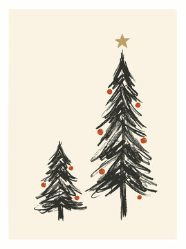 Simple Christmas trees, hand-drawn style. Black branches, red berries, gold star. Minimalist, warm, festive holiday vibe. Perfect for greeting cards or seasonal design