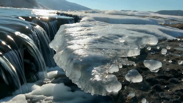 crisp 4K close-view footage captures the icy edge of a shoreline contrasting with the fast-flowing water adjacent to it highlighted by bright sunny reflections that symbolize the beautiful awakening