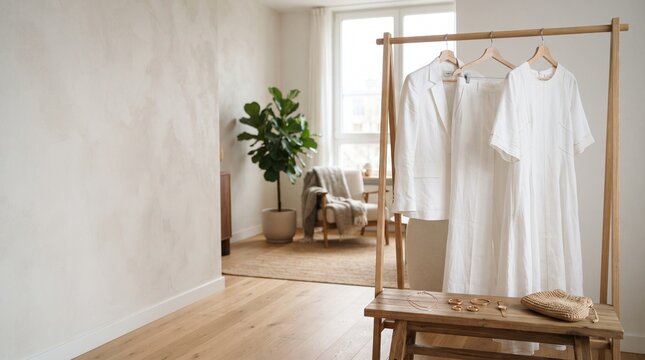 Minimalist white linen outfit on a wooden rack with accessories in a bright, airy room