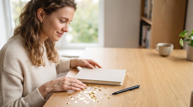 Young woman smiling while looking at a notebook with gold confetti scattered on a wooden table