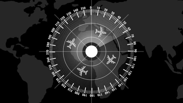 Airplane flight paths over world map radar display