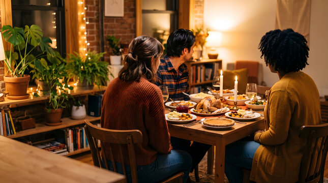 Three Friends Enjoying Intimate Thanksgiving Dinner in Cozy Apartment With Fairy Lights Plants and Candles