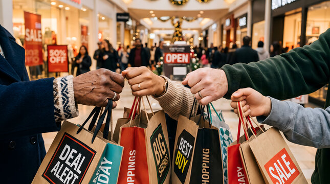 Diverse Hands Holding Multiple Black Friday Shopping Bags With Sale Signs in Crowded Mall Setting