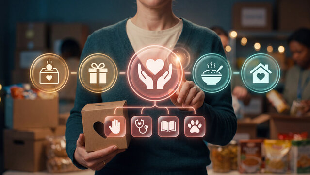 Charity and community support concept, donor managing charitable funds, non-profit organization workflow.