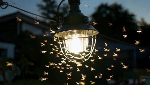 atmospheric 4K stock video captures numerous insects and mosquitoes flying and swarming around the bright light source of an electric spotlight in a dark outdoor environment with visible electric