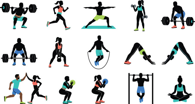 Set of diverse fitness and workout silhouettes showing various exercises, weightlifting, yoga, and cardio training.