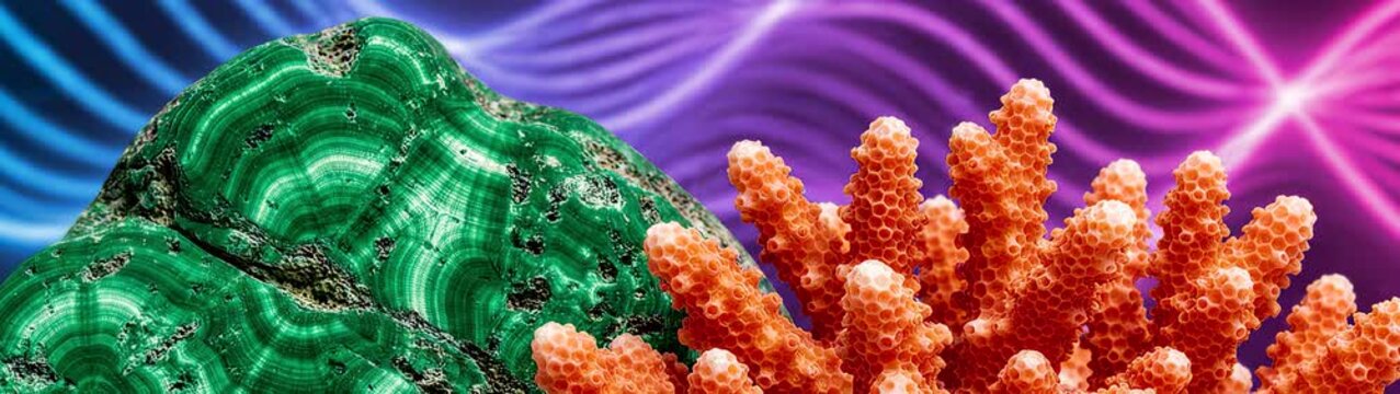 Marine biodiversity and mineral geology concept orange coral reef structure next to green malachite stone with glowing neon light waves.