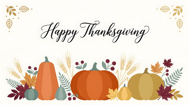 Happy thanksgiving festive illustration with pumpkins wheat and colorful autumn leaves white background