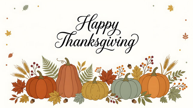 Happy thanksgiving decorative card featuring pumpkins wheat and fall foliage on white background