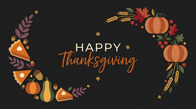 Happy thanksgiving dark festive frame with pumpkin pie slices squash and autumn harvest elements