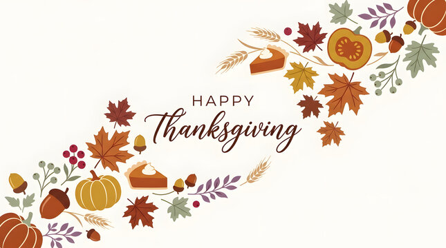 Happy thanksgiving decorative diagonal banner with pumpkin pie slices autumn leaves and squash