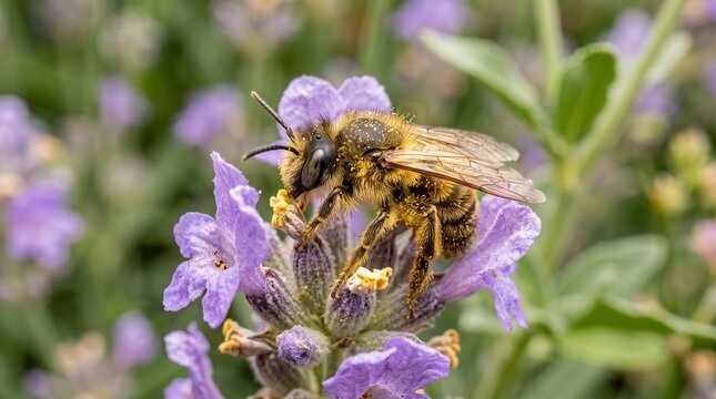Honey bee collecting nectar from purple flower with natural pollination concept