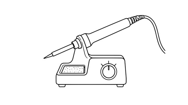 Black outline vector icon of a soldering station with pointed iron resting in holder, rectangular sponge tray, round temperature dial and rear cable drawn with medium smooth lines in lateral placement