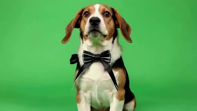 adorable 4K stock video features a cute little Beagle puppy wearing a tiny bowtie looking up with a charming gentlemanly expression while emitting soft barking sounds all set against a solid green