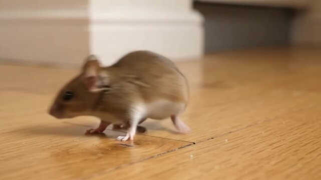 Tracking shot of small mouse scurrying across hardwood floor inside home interior near baseboard