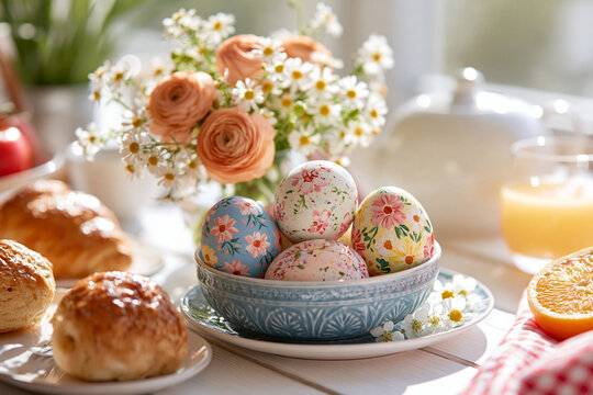 Fr&uuml;hlingshaftes Oster-Fr&uuml;hst&uuml;ck mit handbemalten Ostereiern in floralen Mustern in einer blauen Schale, frischen Blumen, Br&ouml;tchen und Orangensaft auf einem wei&szlig;en Holztisch.