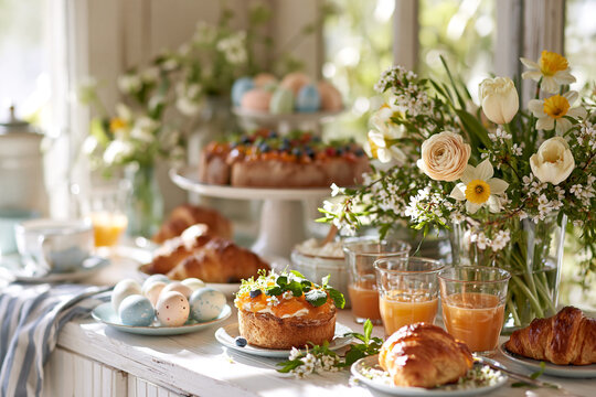 Reich gedeckter Oster-Brunch mit frischen Croissants, einem Beerenkuchen, bemalten Ostereiern, Orangensaft und einem Strau&szlig; aus Tulpen und Narzissen auf einem wei&szlig;en Holztisch vor einem sonnigen Fenst