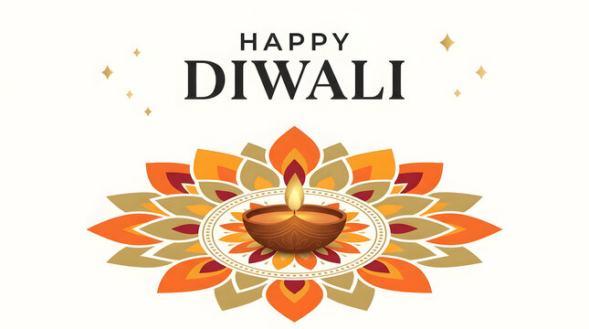 Happy diwali festive illustration with a central oil lamp and stylized colorful mandala frame