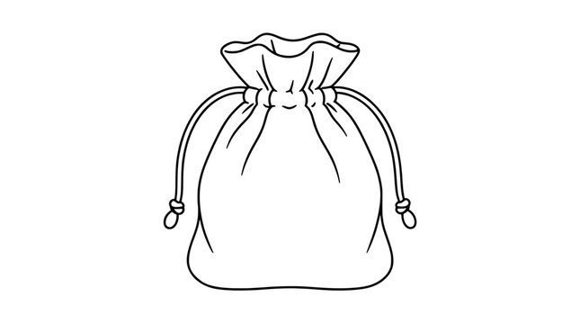 Minimalist outline illustration of a drawstring pouch bag with gathered top, cinched neck, pull cords with knotted ends and wrinkled folds rendered in thin black monoline icon style seen straight