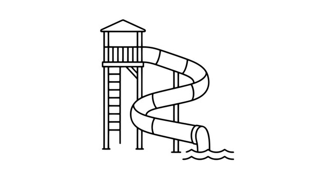 Black outline vector icon of a tall waterslide tower with roofed platform, ladder, railings and enclosed twisting tube slide dropping into wavy water lines in thin line art illustration on plain white