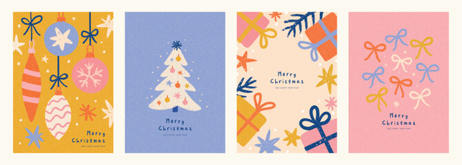 Naklejka premium Set of Christmas card designs with hand-drawn Christmas baubles, Christmas tree, gift boxes and colorful bows in a playful flat style with grainy texture. Festive vector illustrations for holiday 