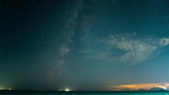 Time-lapse of Milky Way galaxy arching over limestone sea at night with stars and distant sea horizon light
