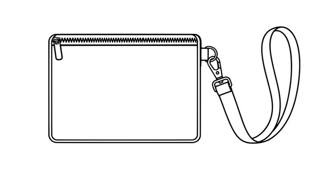 Black outline vector icon of a rectangular zippered wristlet pouch with top zipper pull and side clasp detachable lanyard loop drawn in medium lines centered on plain white background