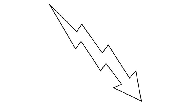Black outline vector icon of a sharp zigzag lightning bolt arrow pointing diagonally down right with jagged edges and triangular head drawn in bold straight lines in a dynamic slanted motion