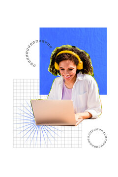 Vertical poster collage young woman remote worker job laptop customer support service programmer software developer checkered background