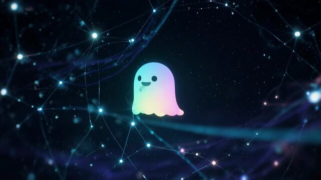 Cute ghost character animation in abstract digital network with glowing particles and bokeh lights
