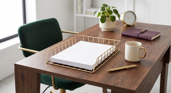 Close-Up Left View of a Green and Elegant Gold Chair with Blank White Document in Gold Wire Tray on Modern Office Desk
