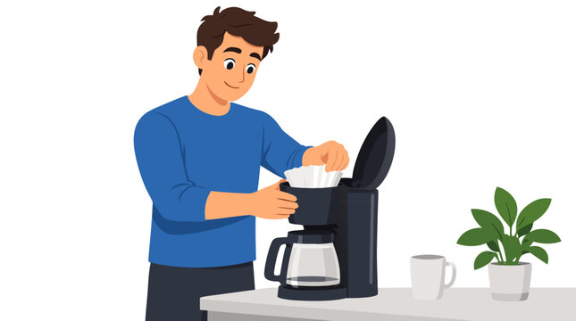 Hopeful young man in blue shirt placing a fresh paper filter into a drip coffee maker on a bright kitchen counter to start a focused productive morning workday with cheerful optimism