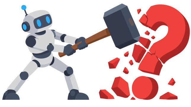Cartoon robot swinging giant sledgehammer to smash large red question mark into broken pieces, solving problems concept, 3D isometric flat vector illustration on white background, AI questioning