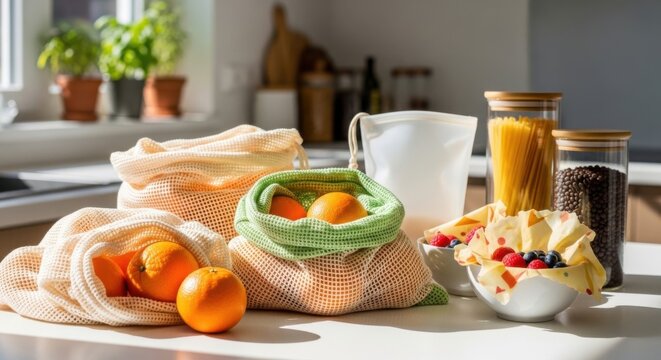 Eco friendly reusable produce bags filled with fresh oranges berries and pantry staples like pasta and beans in a bright kitchen