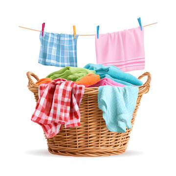 Woven Wicker Laundry Basket with Clothes hanging on Clothesline Mockup Isolated on White Background 